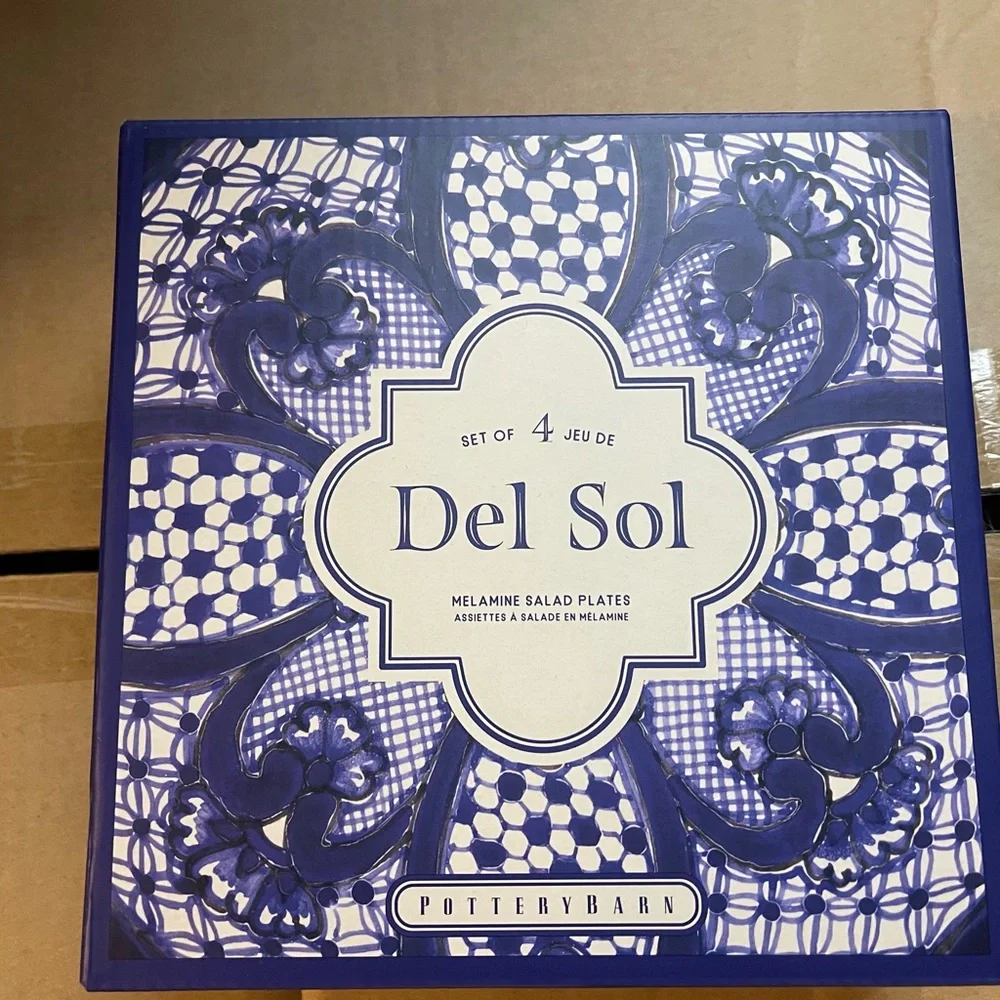 New Set of Four Pottery Barn Del Sol Melamine Salad Plates, Blue Multi, 9”D #1